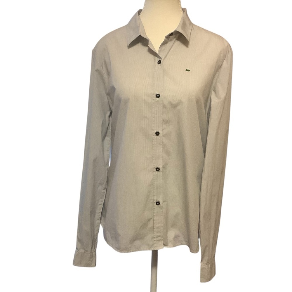 LACOSTE WHITE STRIPED LONG SLEEVE COLLARD BUTTON-UP COTTON SHIRT/ Size 48